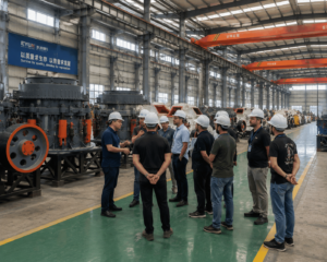 Customer visiting Eyun Mining Equipment factory and inspecting mining machinery production