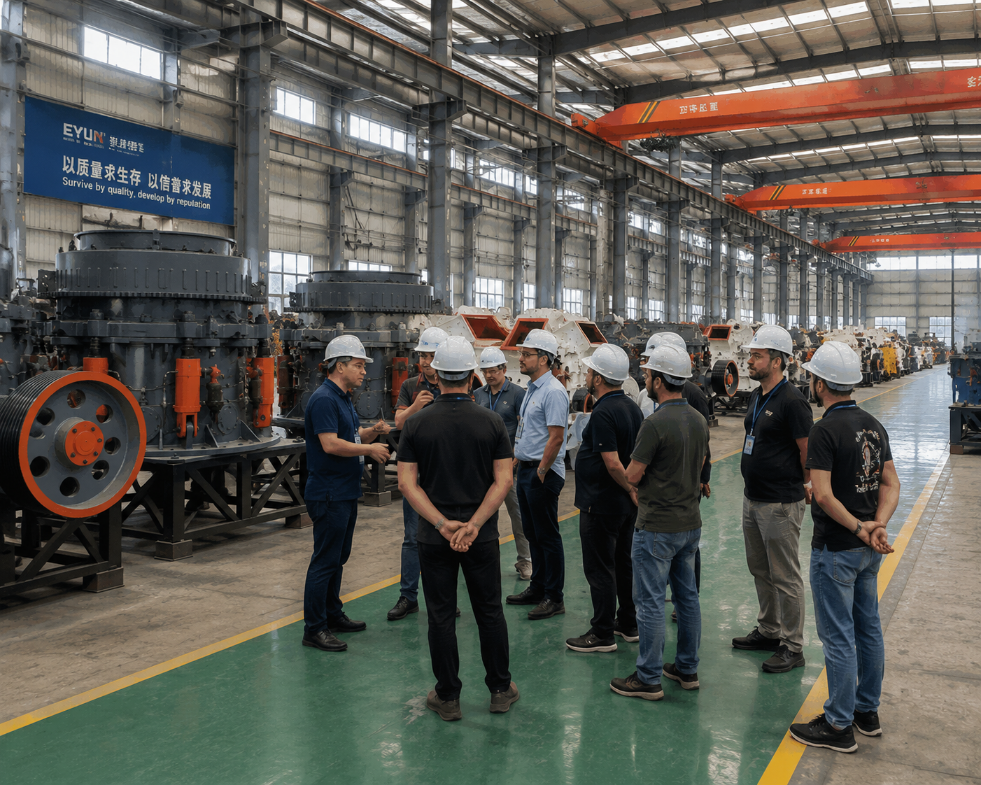 Customer visiting Eyun Mining Equipment factory and inspecting mining machinery production